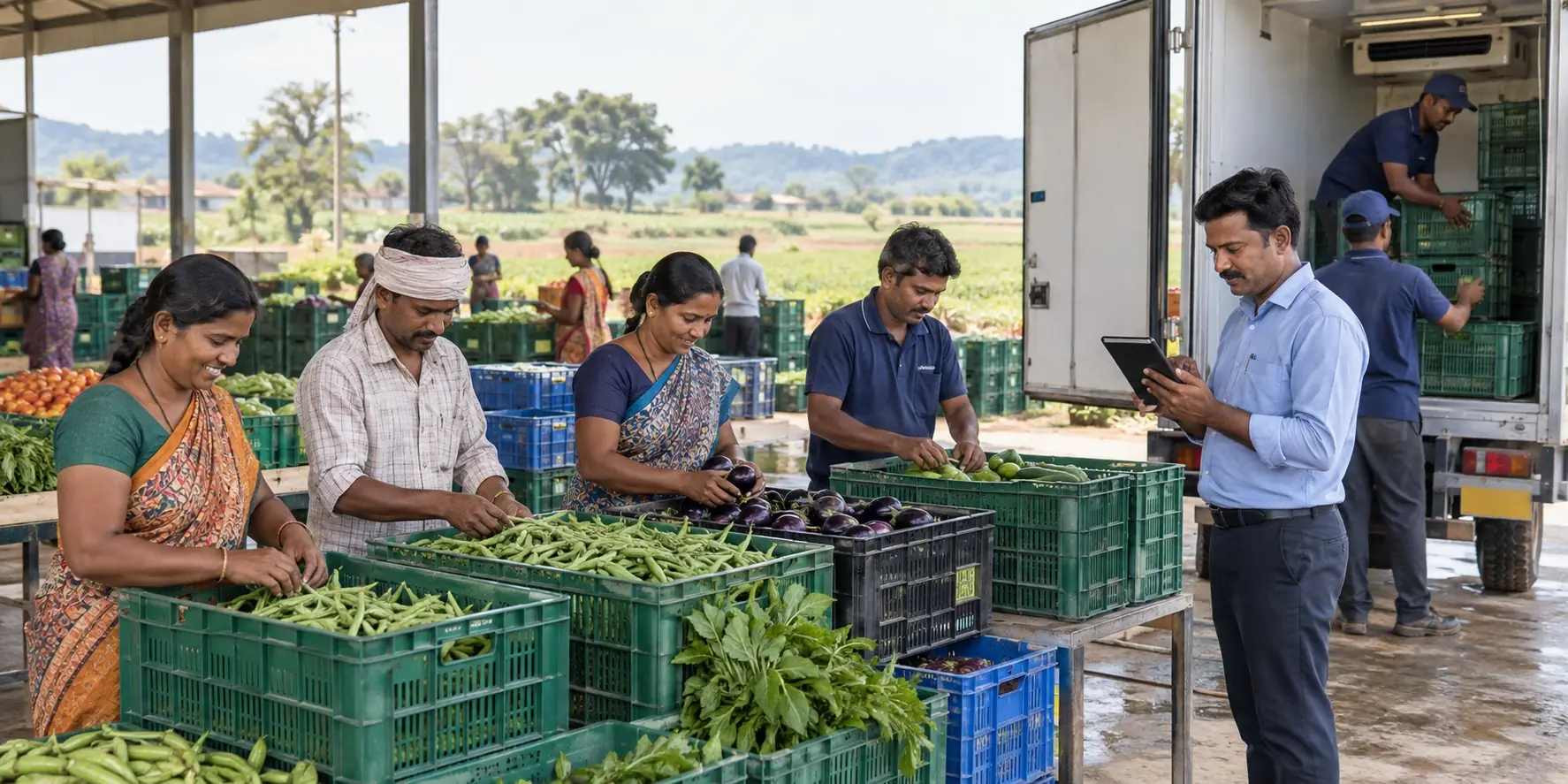 Cooperative members prepare vegetables for refrigerated transport