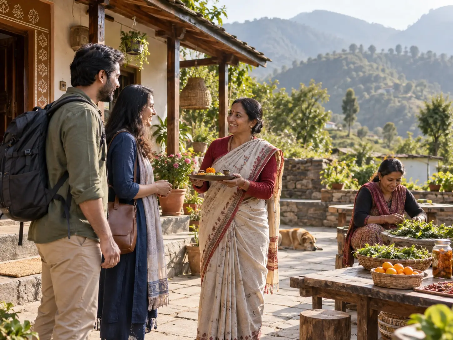 Local homestay hosts welcoming travellers in an Indian hill community