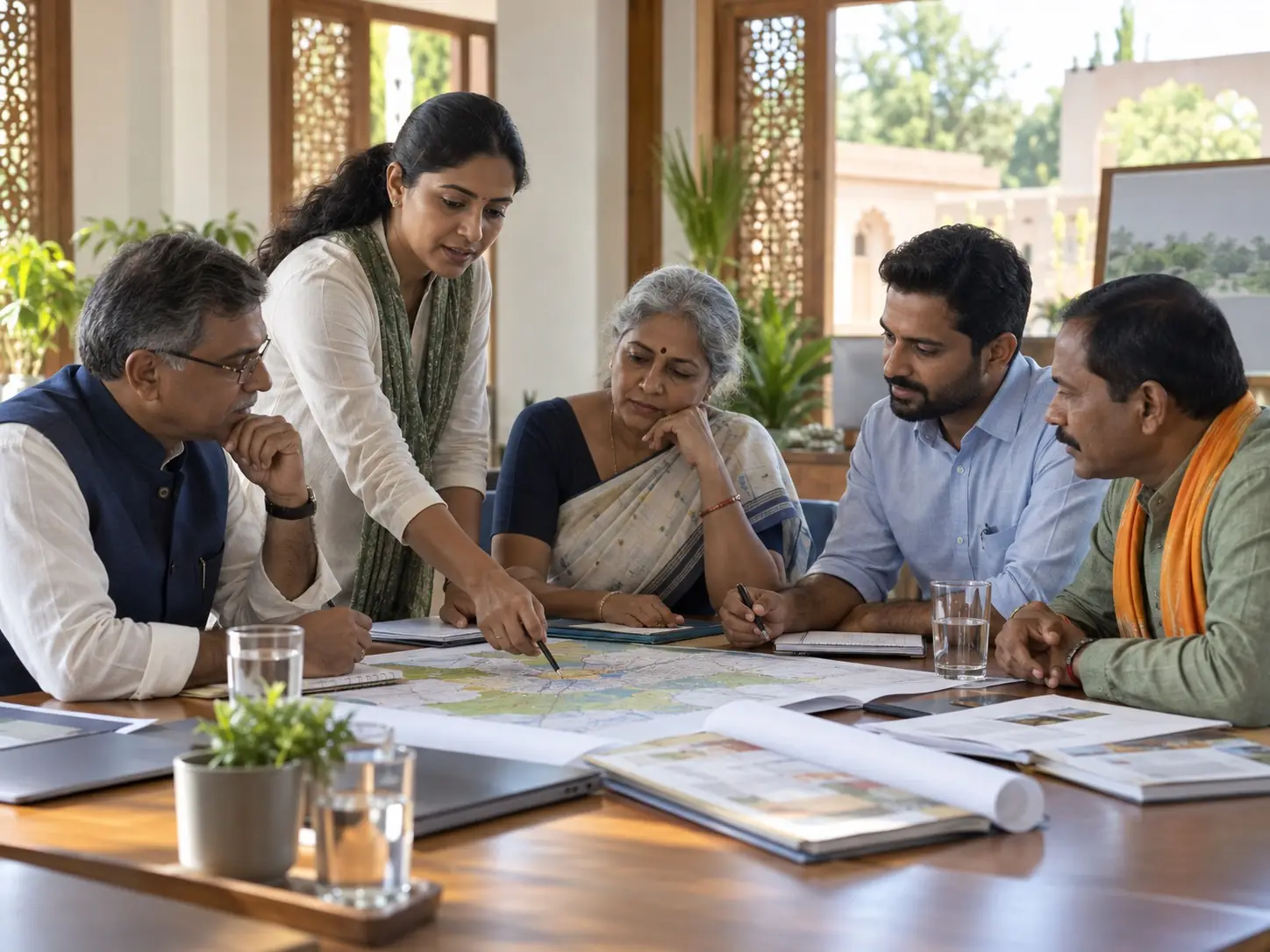 A diverse group of cooperative leaders planning together