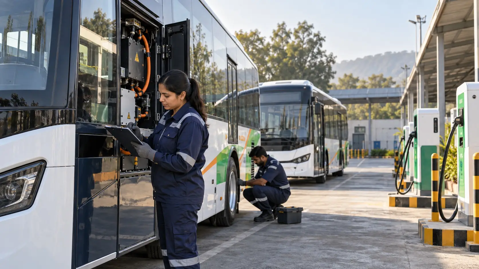 Technicians inspecting an electric cooperative bus fleet