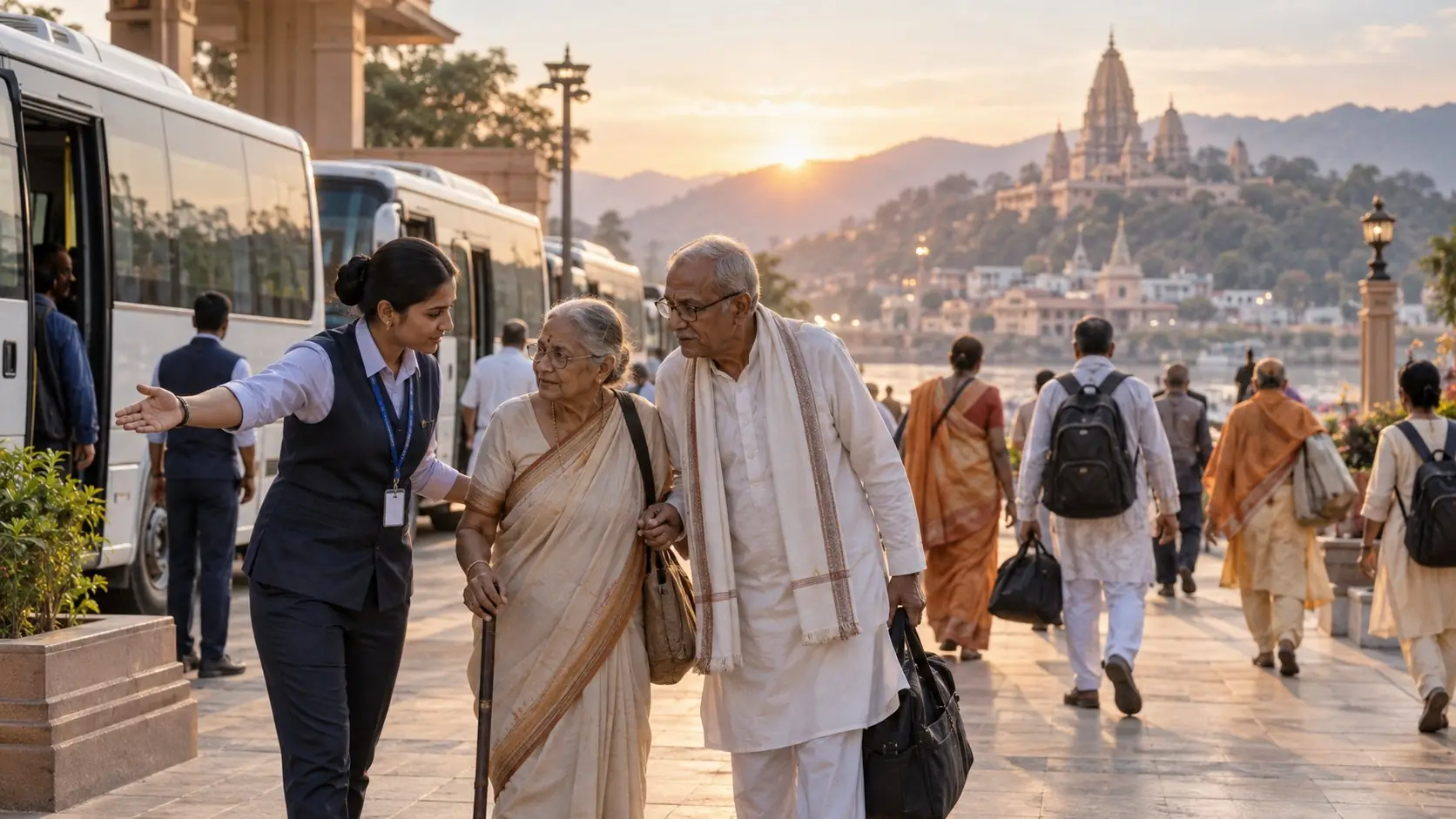 Coordinator helping elderly travellers at a pilgrimage transport hub